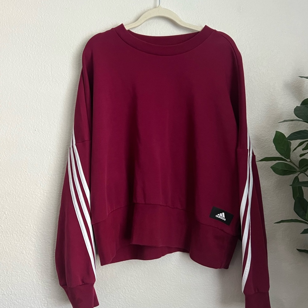 Adidas Women's Burgundy white stripped cropped oversized crewneck silky US L